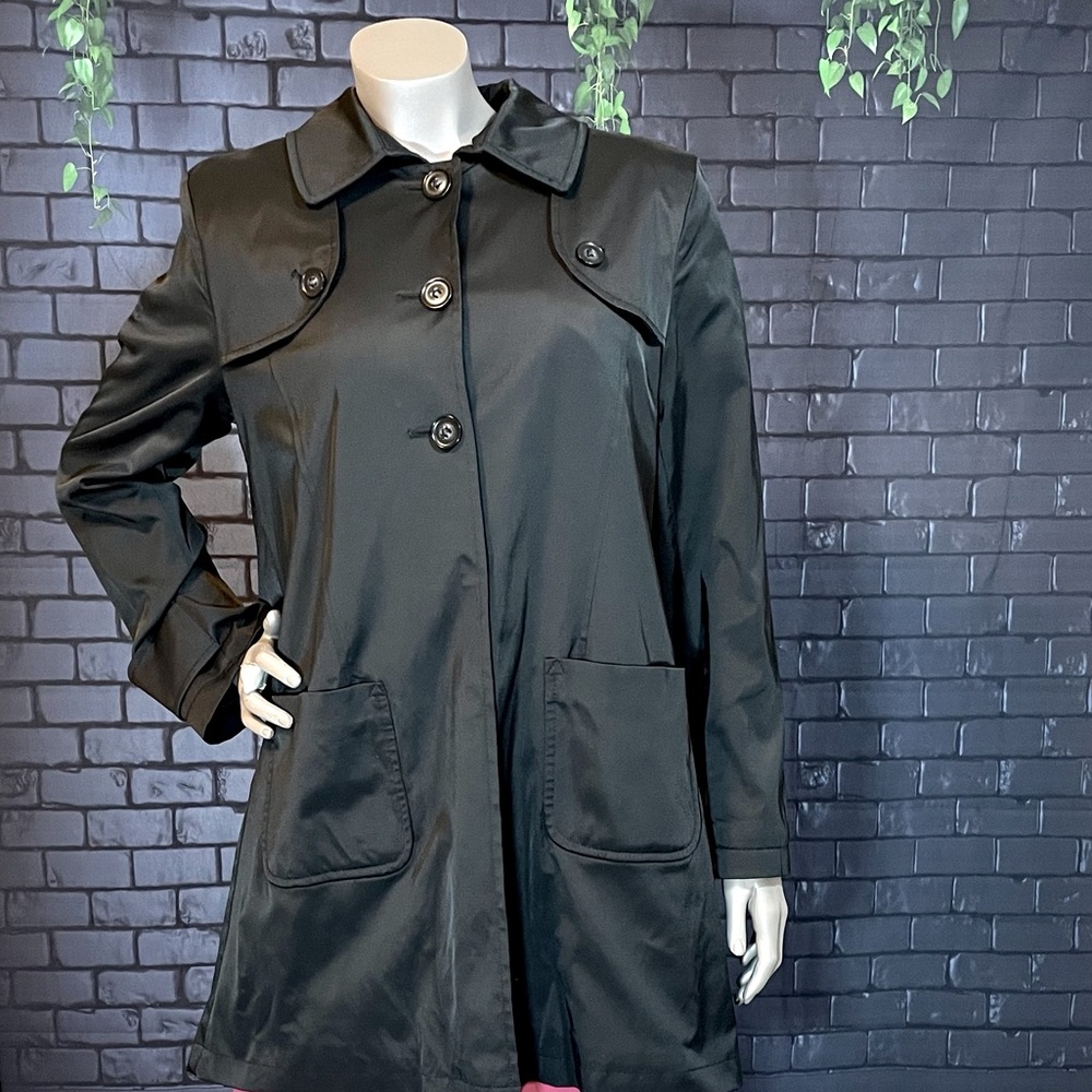DKNY mid length, black trench coat with button up front, water resistant fabric